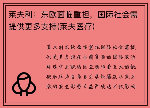 莱夫利：东欧面临重担，国际社会需提供更多支持(莱夫医疗)
