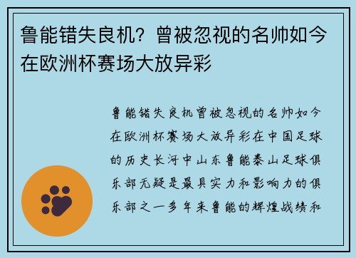 鲁能错失良机？曾被忽视的名帅如今在欧洲杯赛场大放异彩