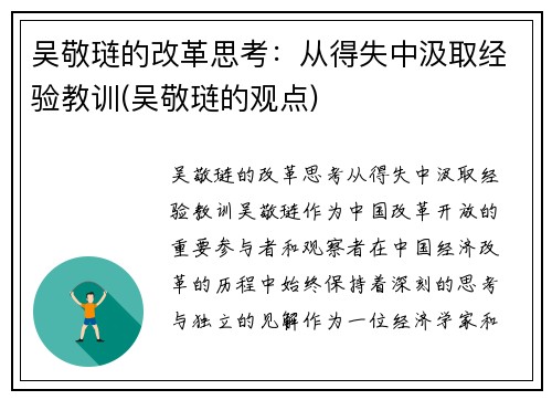 吴敬琏的改革思考：从得失中汲取经验教训(吴敬琏的观点)