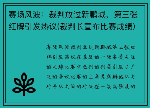 赛场风波：裁判放过新鹏城，第三张红牌引发热议(裁判长宣布比赛成绩)